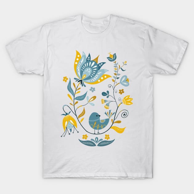 Cute Scandinavian Hand-drawn Folk Art T-Shirt by Raluca Mateescu